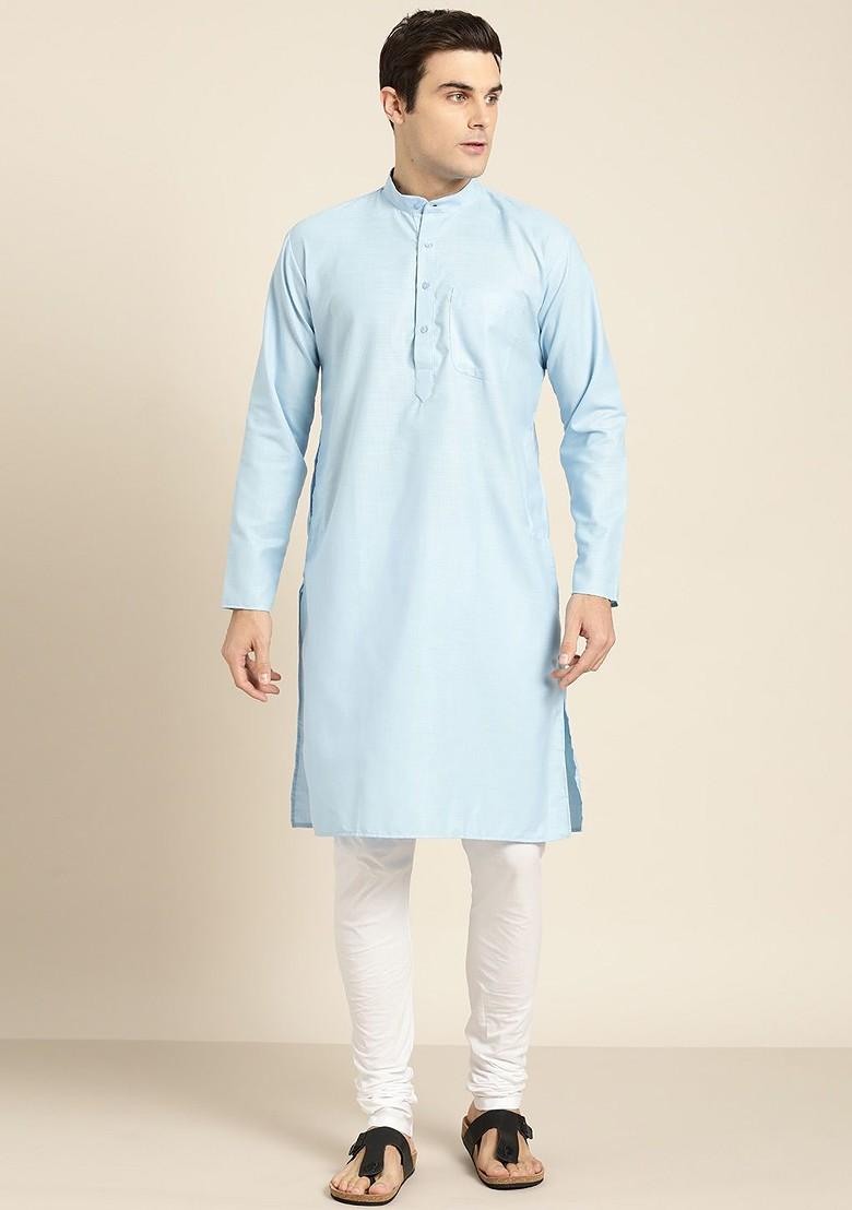 Blue Solid Poly Blend Kurta For Men