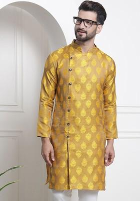 Gold Woven Silk Kurta For Men