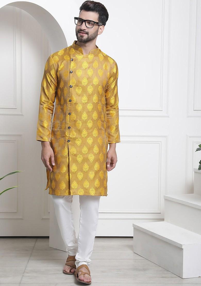 Gold Woven Silk Kurta For Men