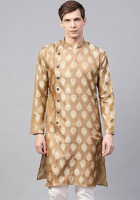 Brown Woven Silk Kurta For Men