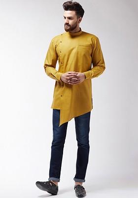 Mustard Solid Poly Blend Kurta For Men