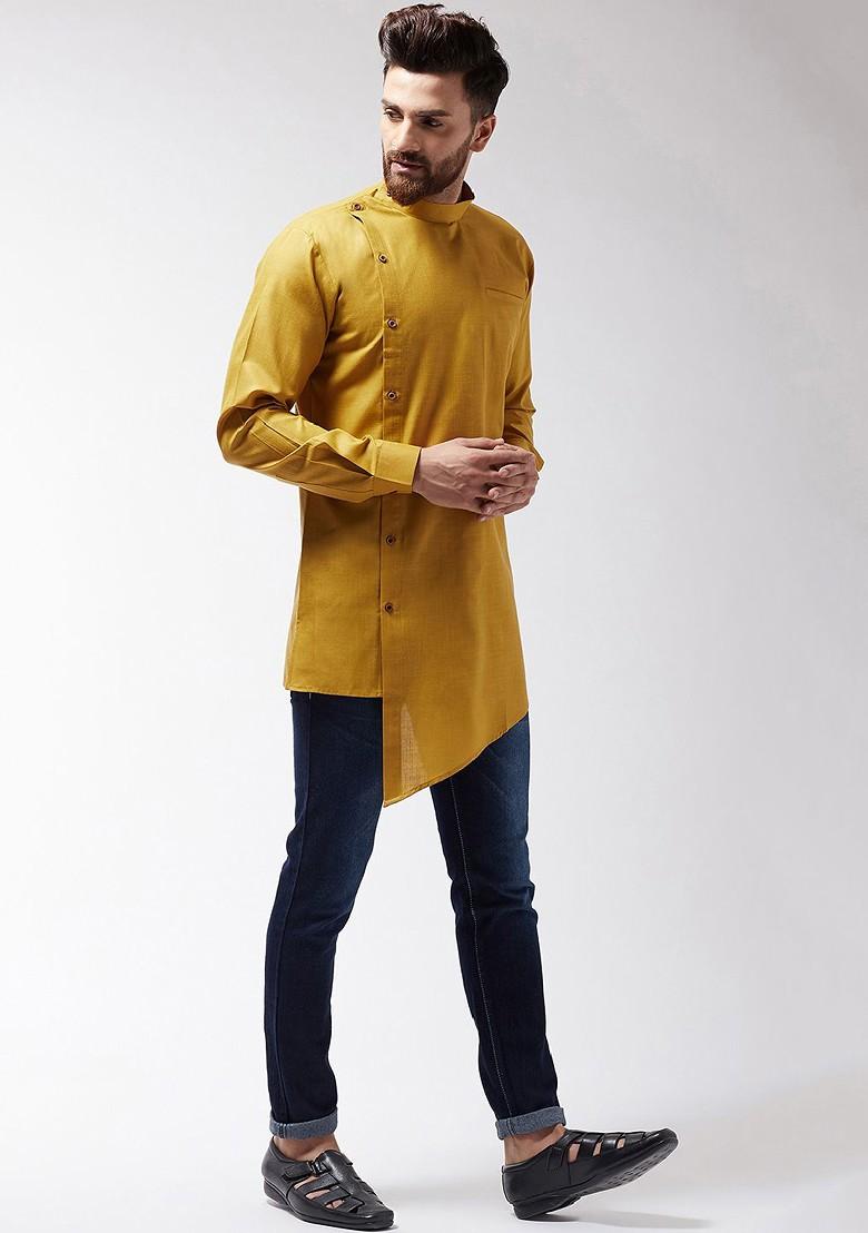 Mustard Solid Poly Blend Kurta For Men