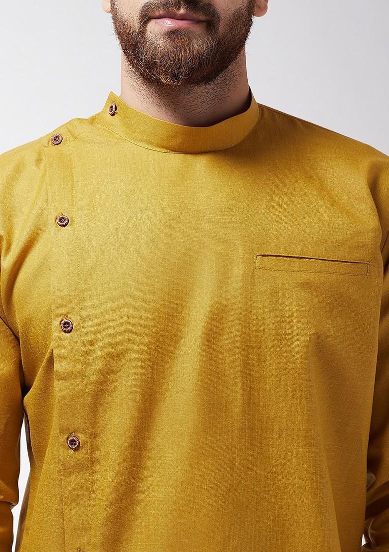 Mustard Solid Poly Blend Kurta For Men