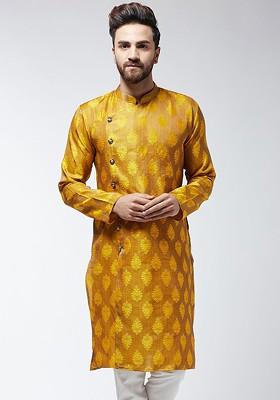 Mustard Embroidered Silk Kurta For Men