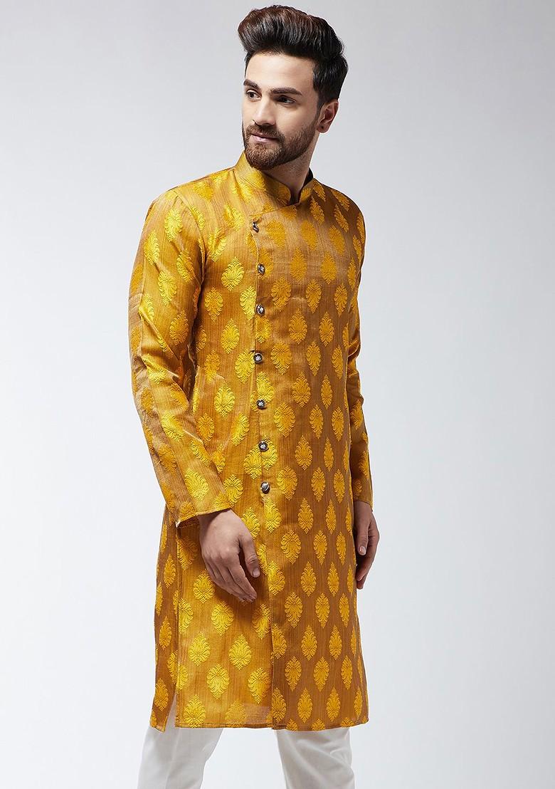 Mustard Embroidered Silk Kurta For Men
