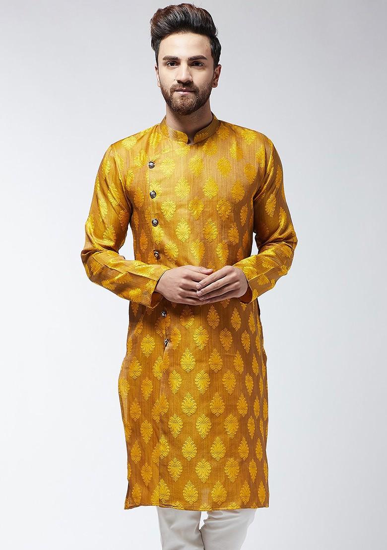 Mustard Embroidered Silk Kurta For Men