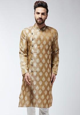 Brown Embroidered Poly Blend Kurta For Men