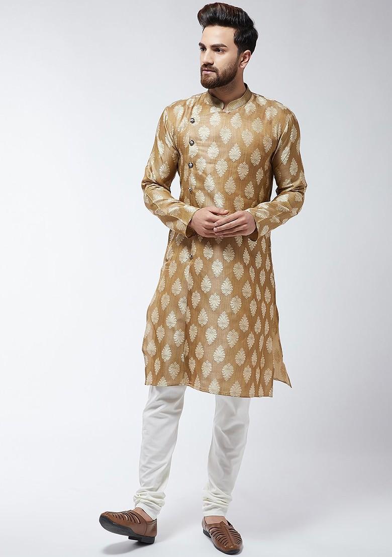 Brown Embroidered Poly Blend Kurta For Men