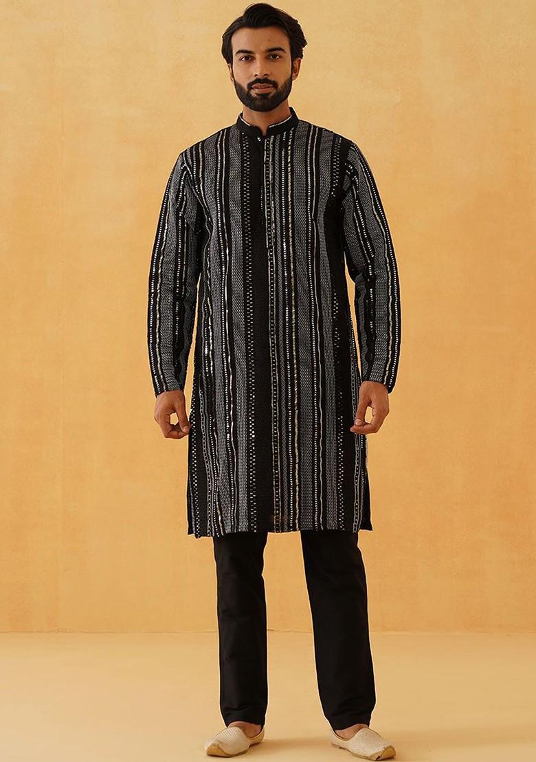 Black Embroidered Poly Blend Kurta For Men