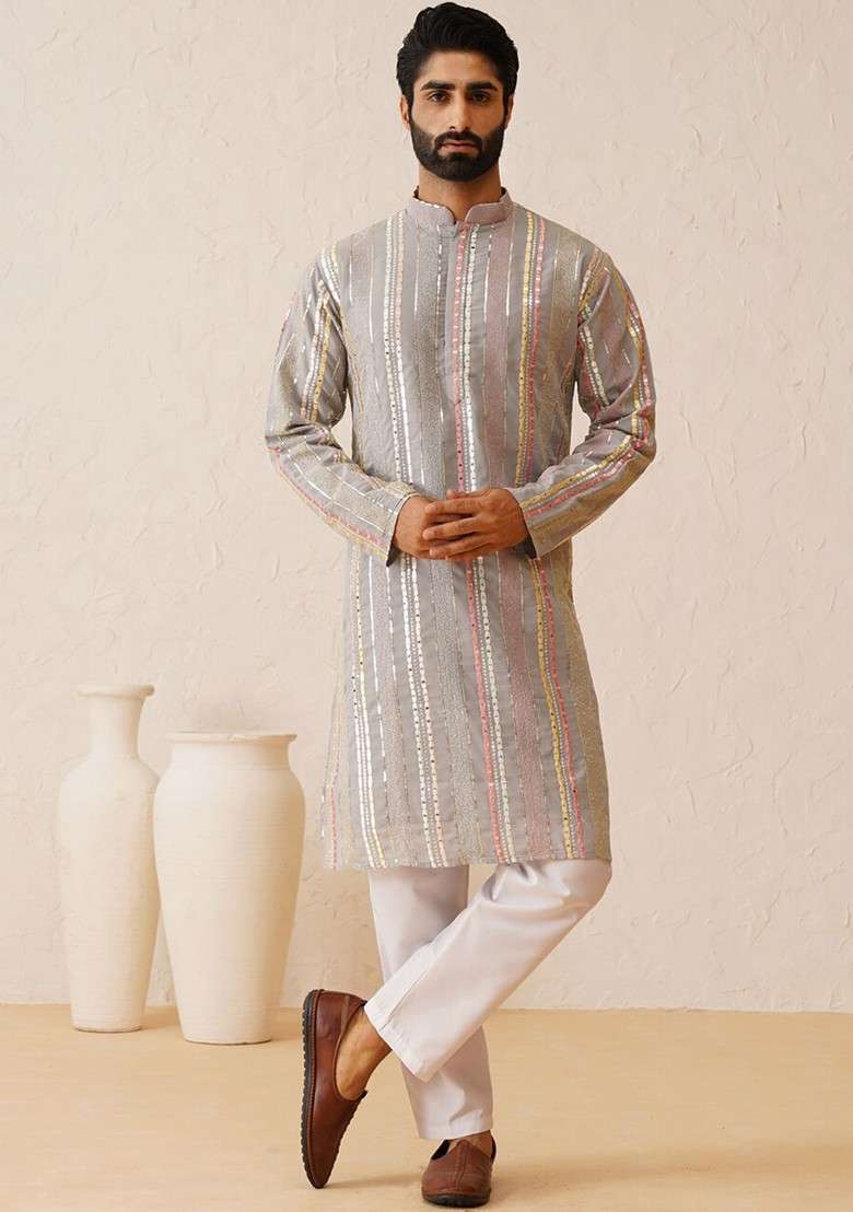 Grey Embroidered Cotton Kurta For Men - Indya
