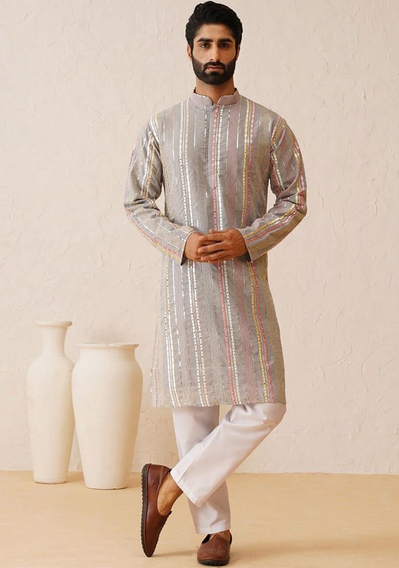 Grey Embroidered Cotton Kurta For Men