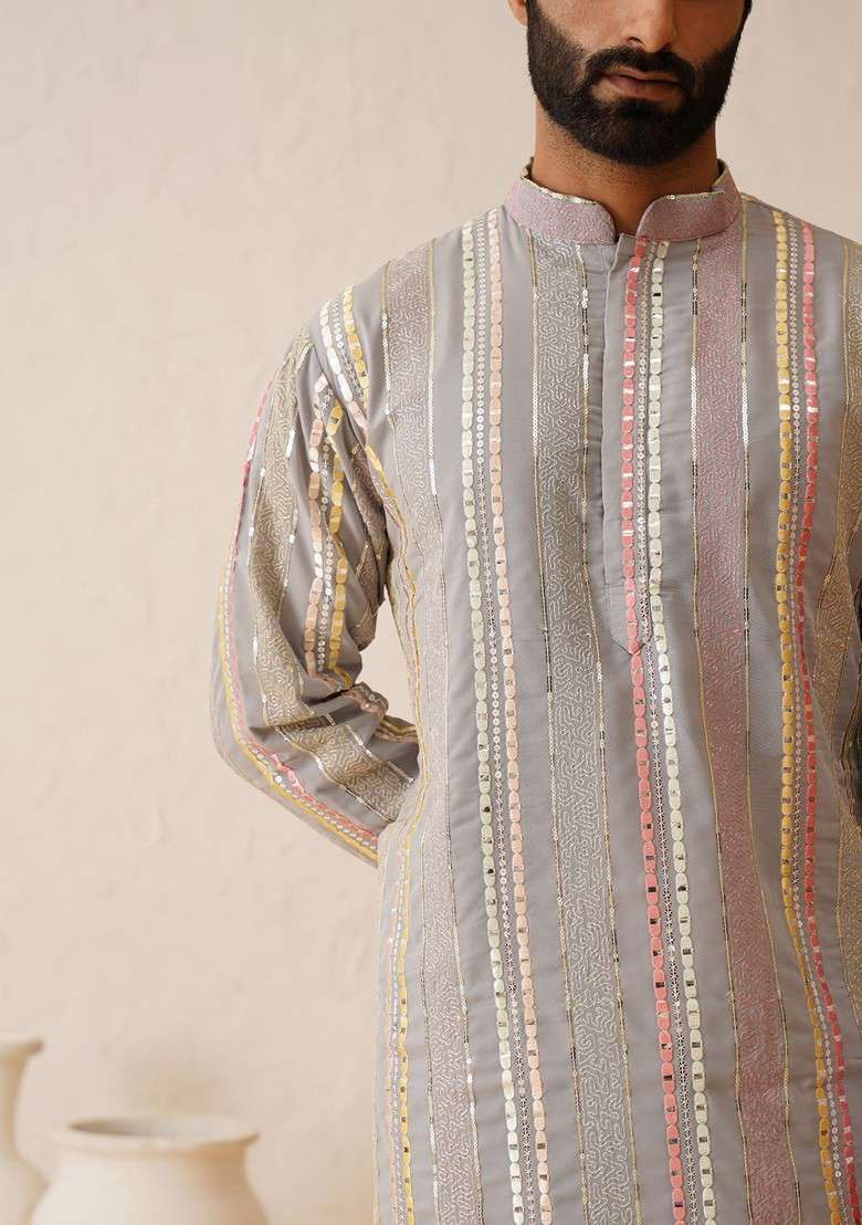 Grey Embroidered Cotton Kurta For Men - Indya