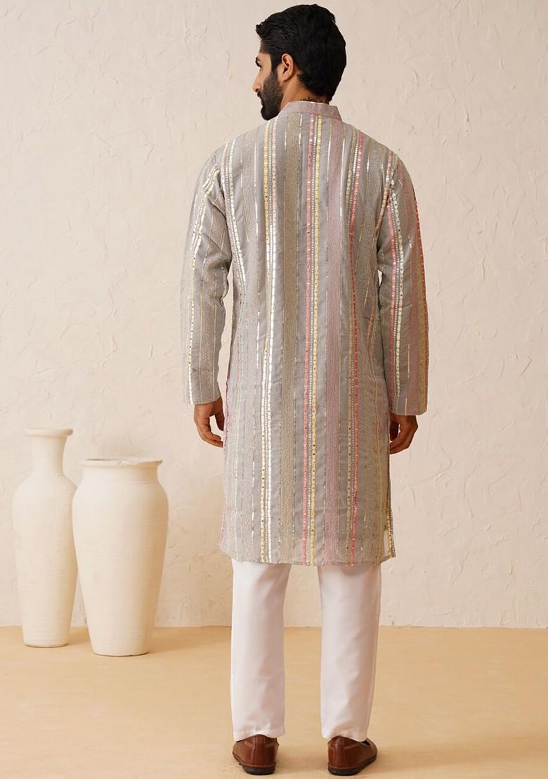 Grey Embroidered Cotton Kurta For Men