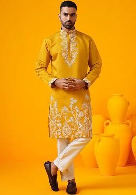 Mustard Embroidered Poly Blend Kurta For Men