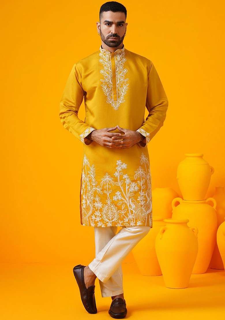 Mustard Embroidered Poly Blend Kurta For Men - Indya