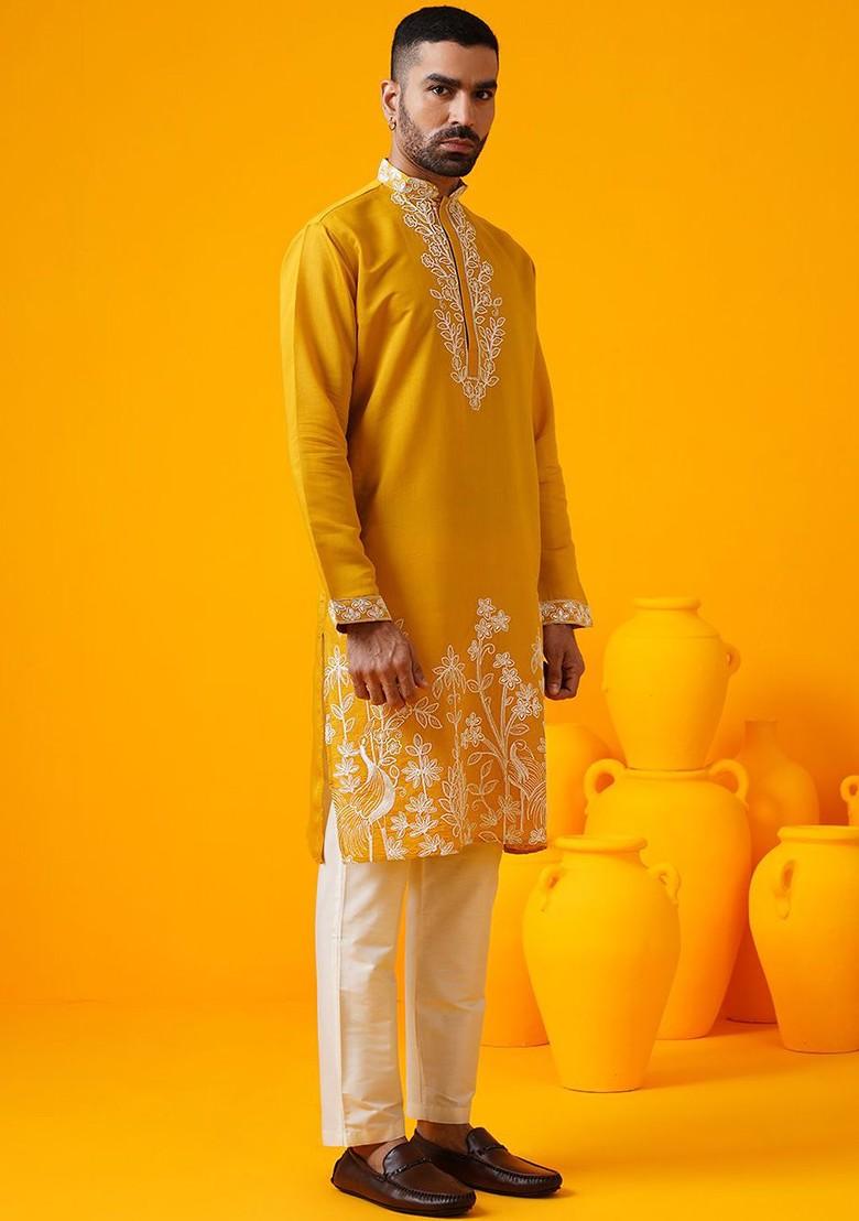 Mustard Embroidered Poly Blend Kurta For Men