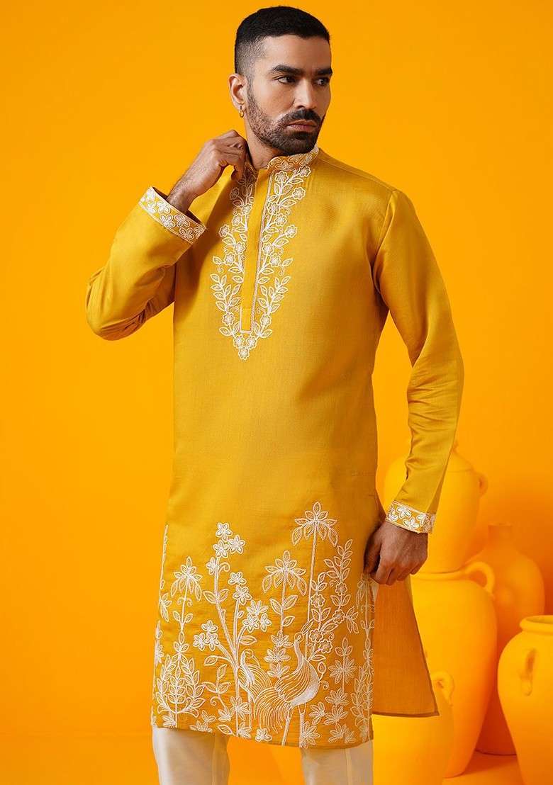 Mustard Embroidered Poly Blend Kurta For Men - Indya