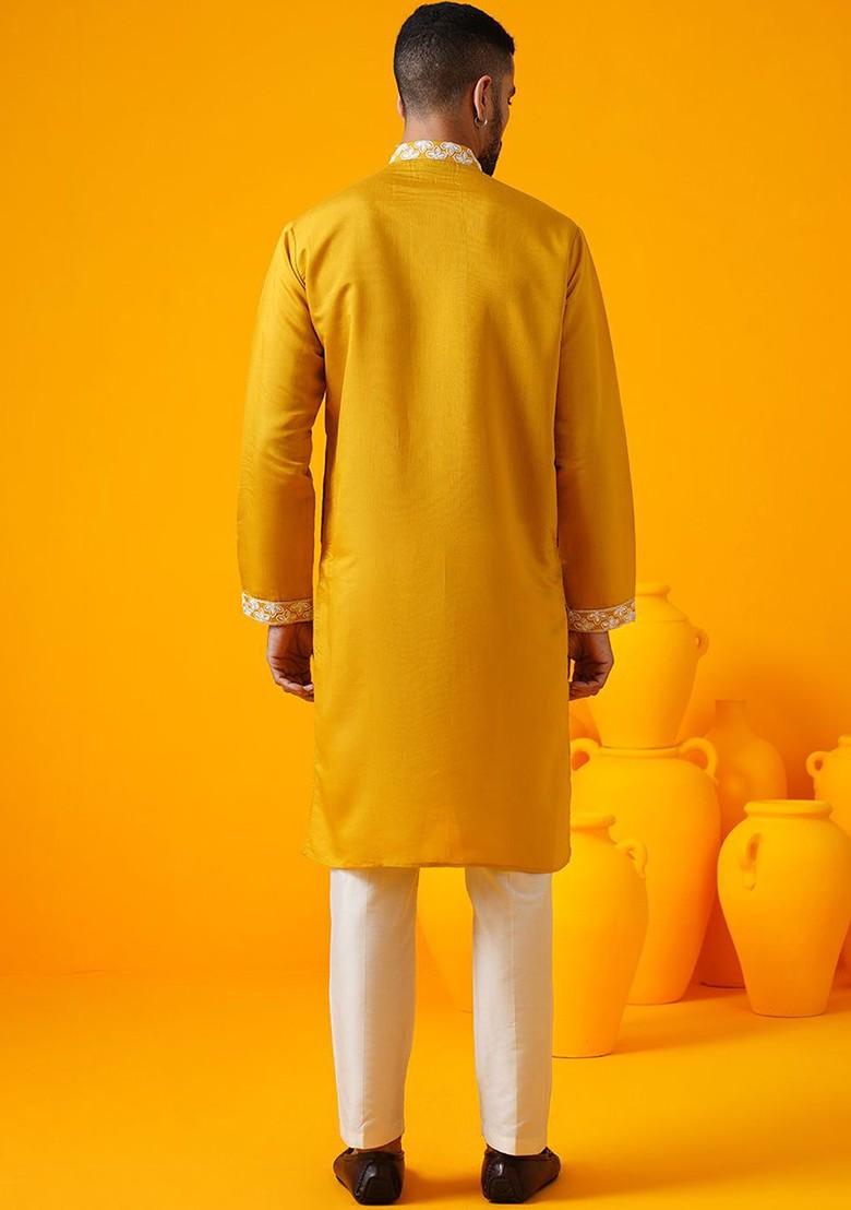 Mustard Embroidered Poly Blend Kurta For Men