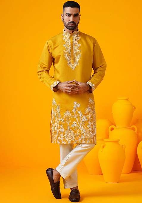 Mustard Embroidered Poly Blend Kurta For Men