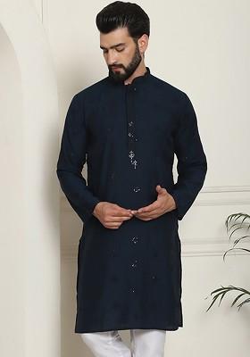 Navy Blue Embroidered Poly Blend Kurta For Men