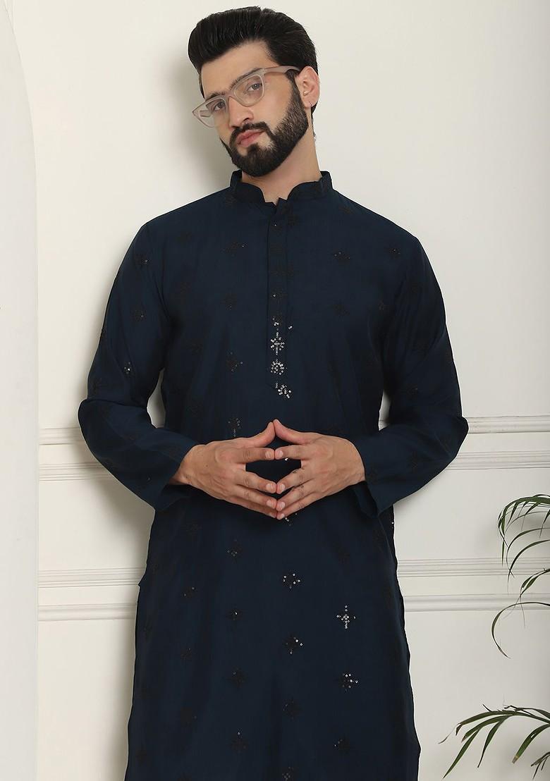 Navy Blue Embroidered Poly Blend Kurta For Men
