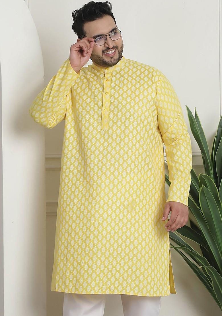 Yellow Ethnic Motifs Poly Blend Kurta For Men