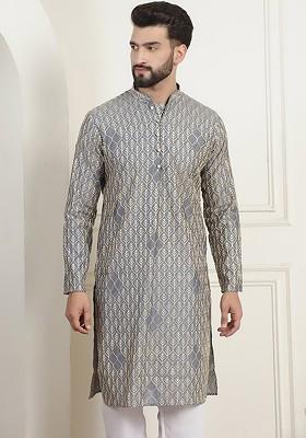 Grey Embroidered Cotton Kurta For Men