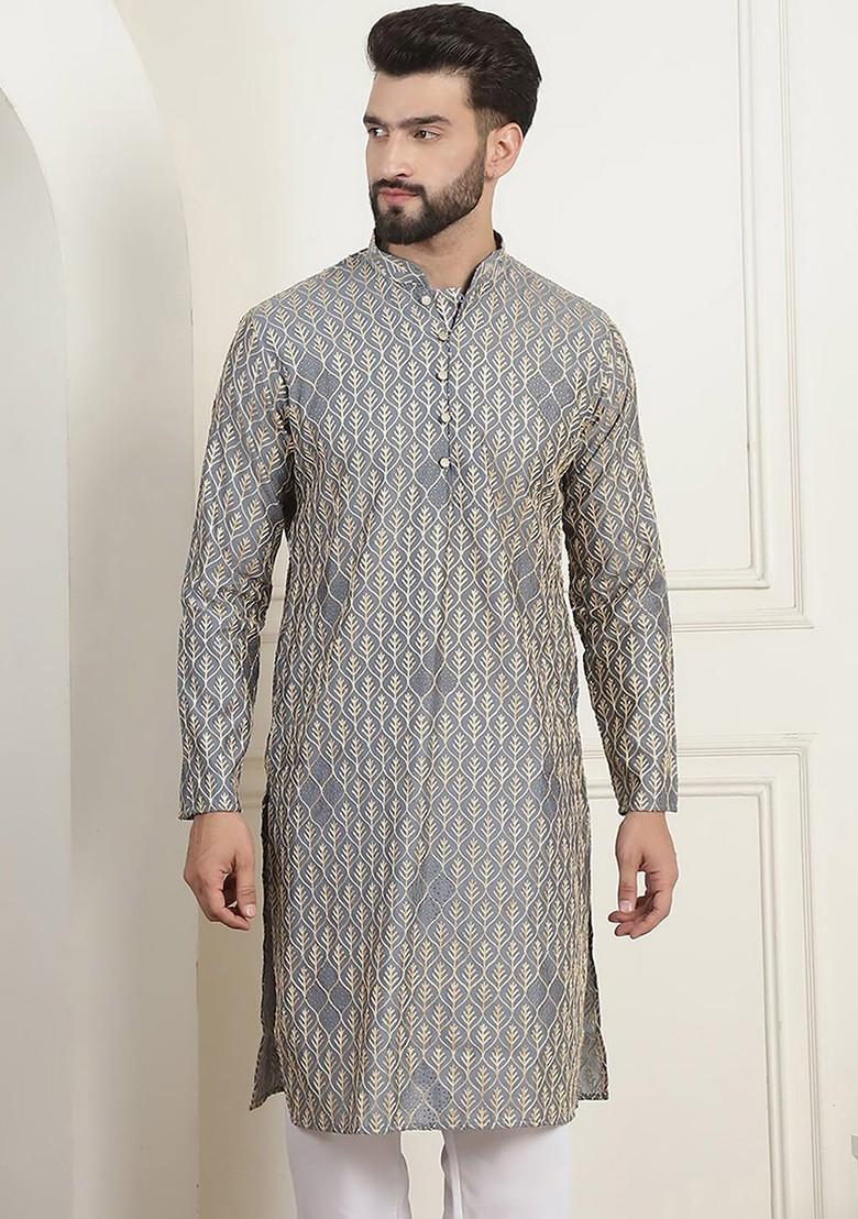 Grey Embroidered Cotton Kurta For Men