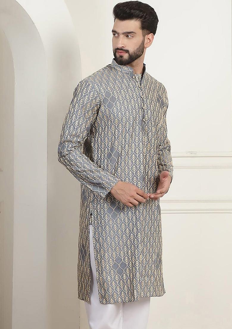 Grey Embroidered Cotton Kurta For Men