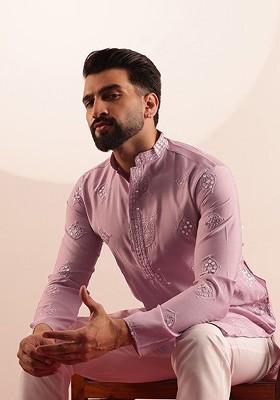 Pink Embroidered Poly Blend Kurta For Men