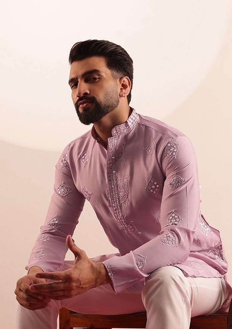 Pink Embroidered Poly Blend Kurta For Men - Indya