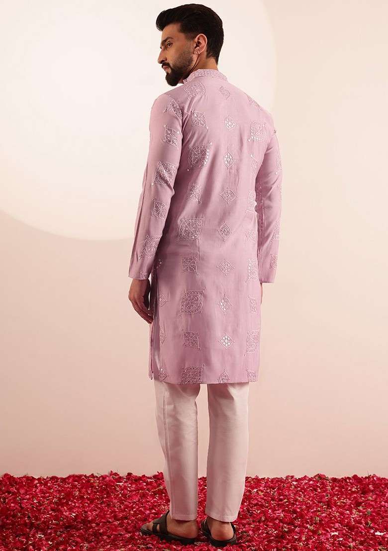 Pink Embroidered Poly Blend Kurta For Men - Indya