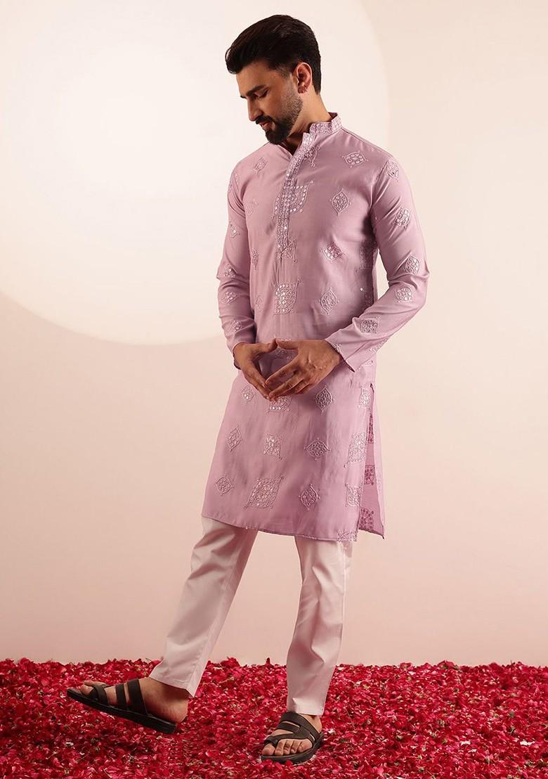 Pink Embroidered Poly Blend Kurta For Men