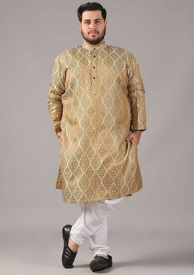 Gold Ethnic Motifs Silk Blend Kurta For Men - Indya