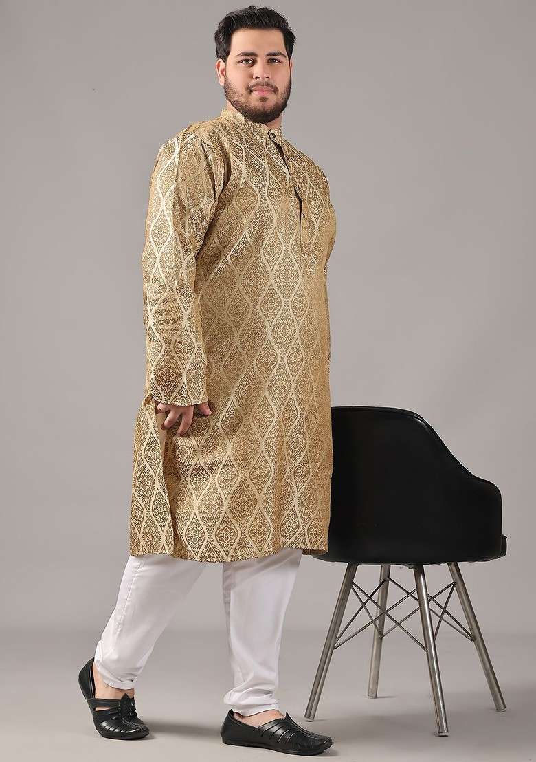 Gold Ethnic Motifs Silk Blend Kurta For Men - Indya