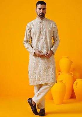 Beige Embroidered Poly Blend Kurta For Men