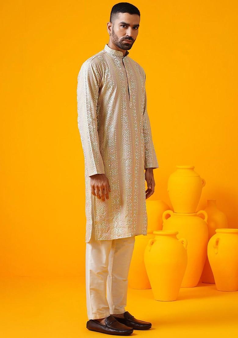 Beige Embroidered Poly Blend Kurta For Men