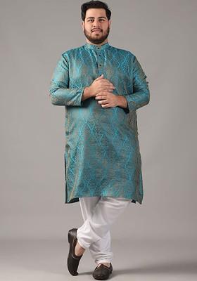 Teal Blue Ethnic Motifs Silk Kurta For Men