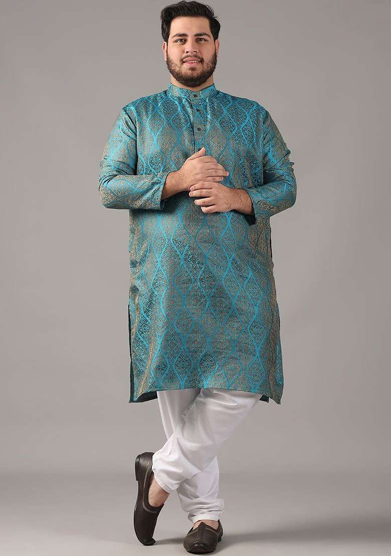 Teal Blue Ethnic Motifs Silk Blend Kurta For Men - Indya