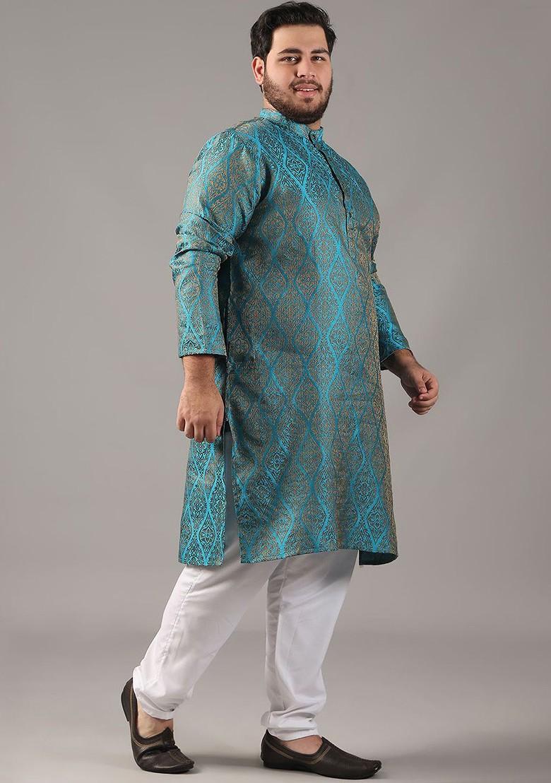 Teal Blue Ethnic Motifs Silk Kurta For Men