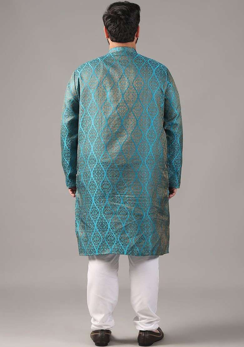 Teal Blue Ethnic Motifs Silk Blend Kurta For Men - Indya