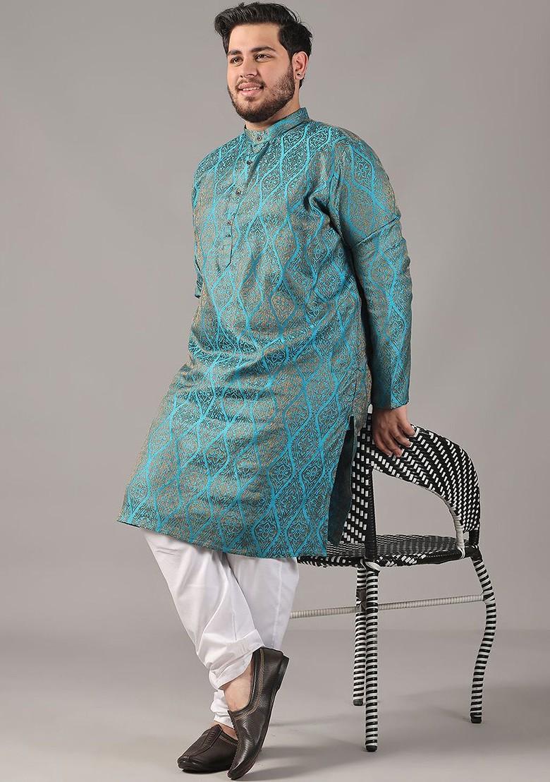 Teal Blue Ethnic Motifs Silk Kurta For Men