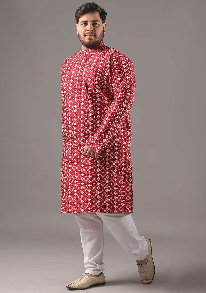 Red Thread Work Poly Blend Kurta For Men - Indya