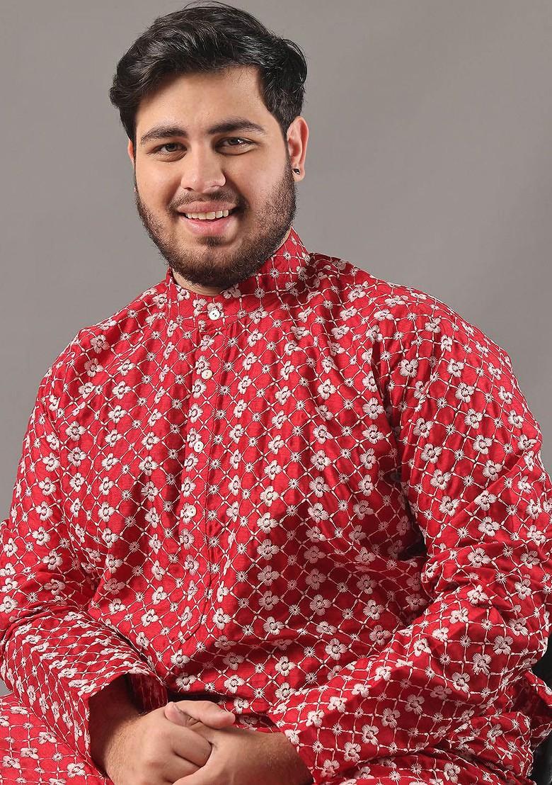 Red Thread Work Poly Blend Kurta For Men