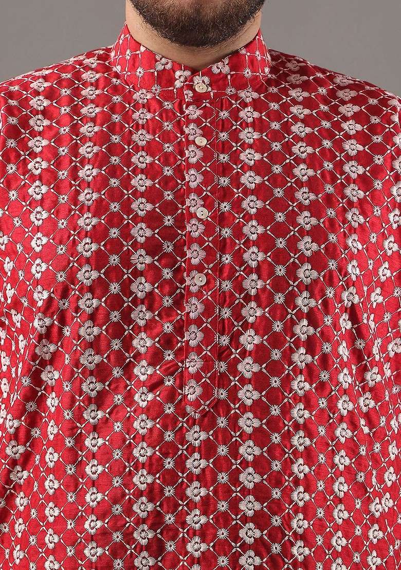 Red Thread Work Poly Blend Kurta For Men - Indya