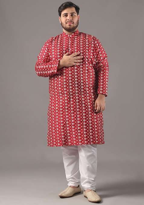 Red Thread Work Poly Blend Kurta For Men