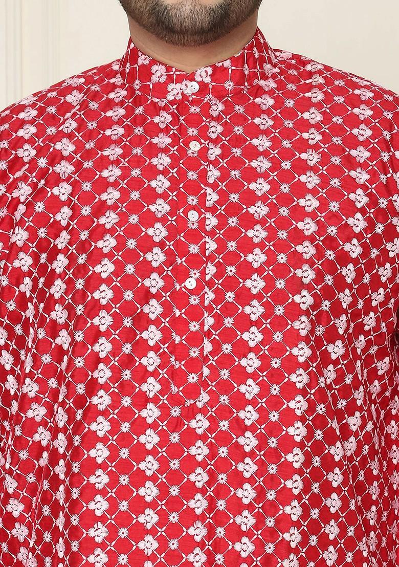 Maroon Embroidered Silk Kurta For Men