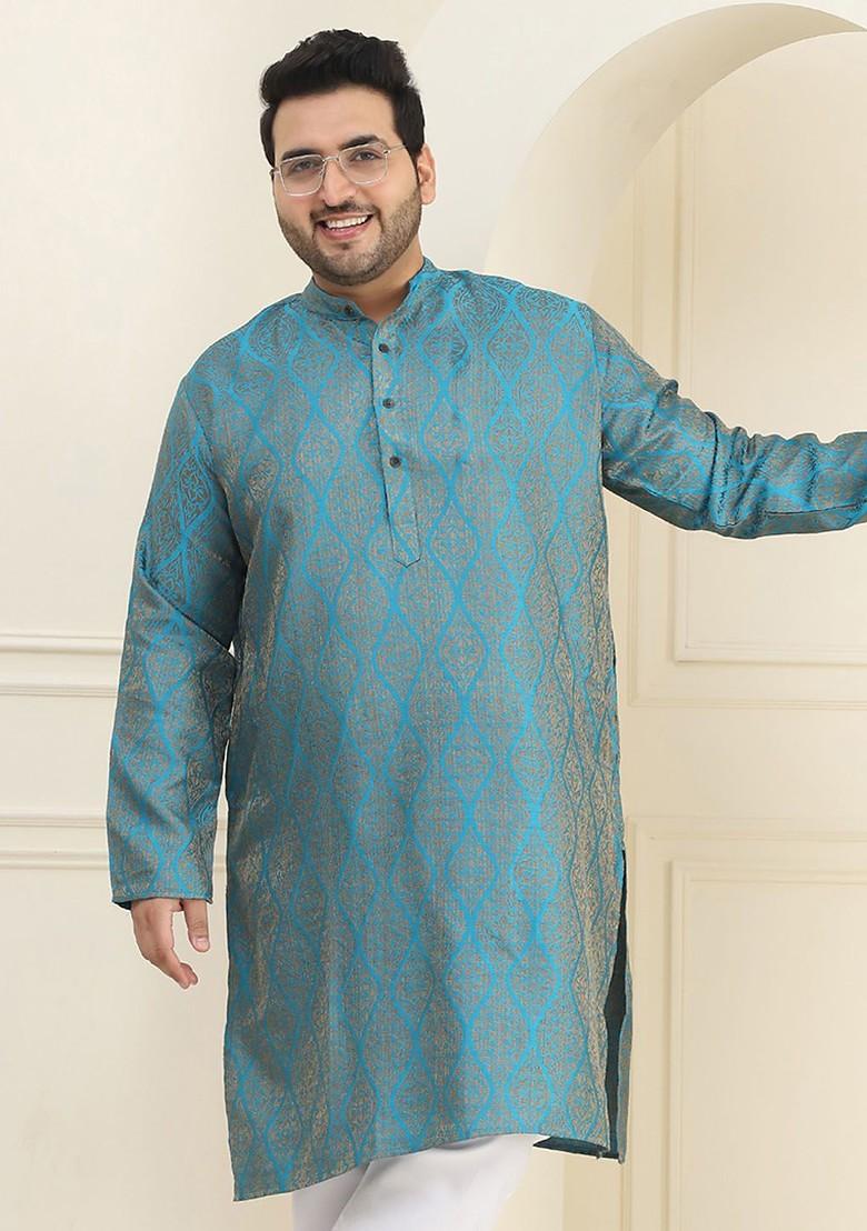 Teal Blue Ethnic Motifs Jacquard Kurta For Men