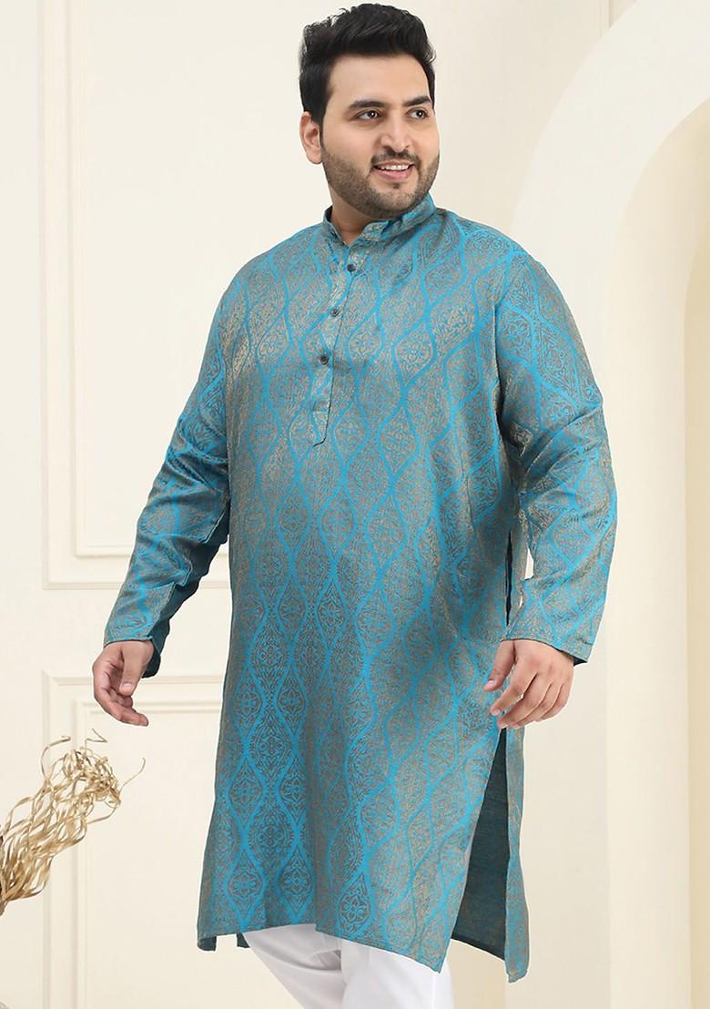 Teal Blue Ethnic Motifs Jacquard Kurta For Men