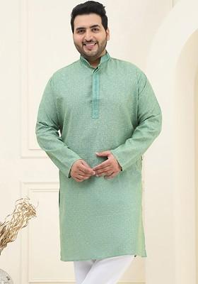 Green Printed Cotton Kurta For Men